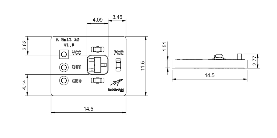 Top and side mechanical drawing of the RL Hall A2 v1.0 breakout with dimensions in millimetres.